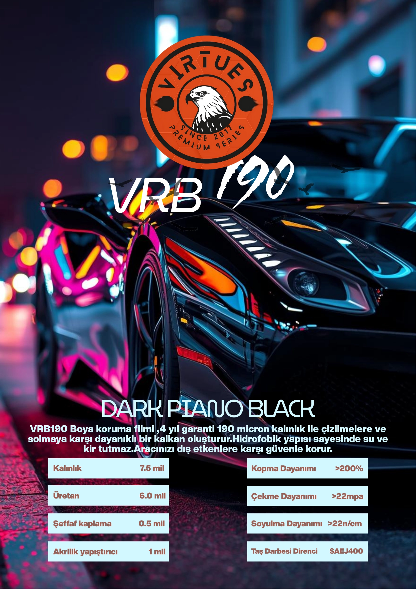 Virtues Premıum Piano BLACK Araç Boya Koruma Filmi 180 Micron 15Metre TPU